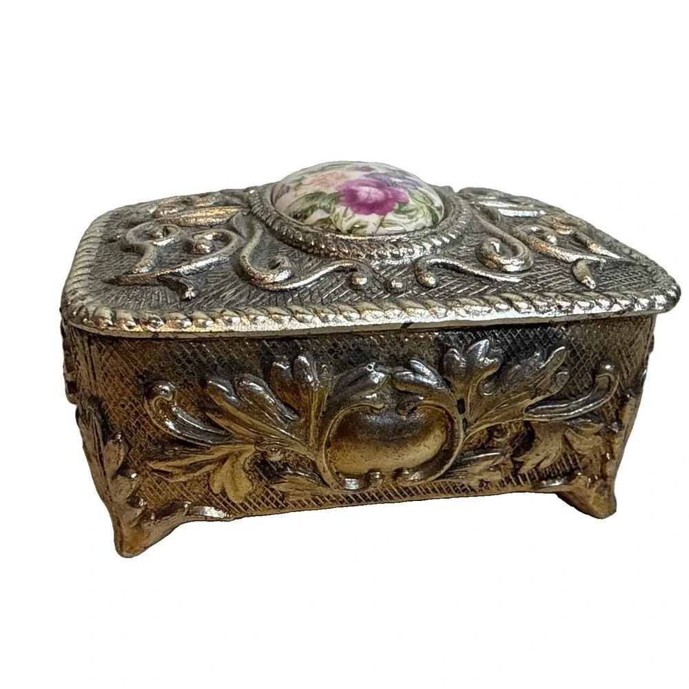 Victorian Style Rose Cameo Vanity Trinket Box Vintage Japan Signed Red Velvet